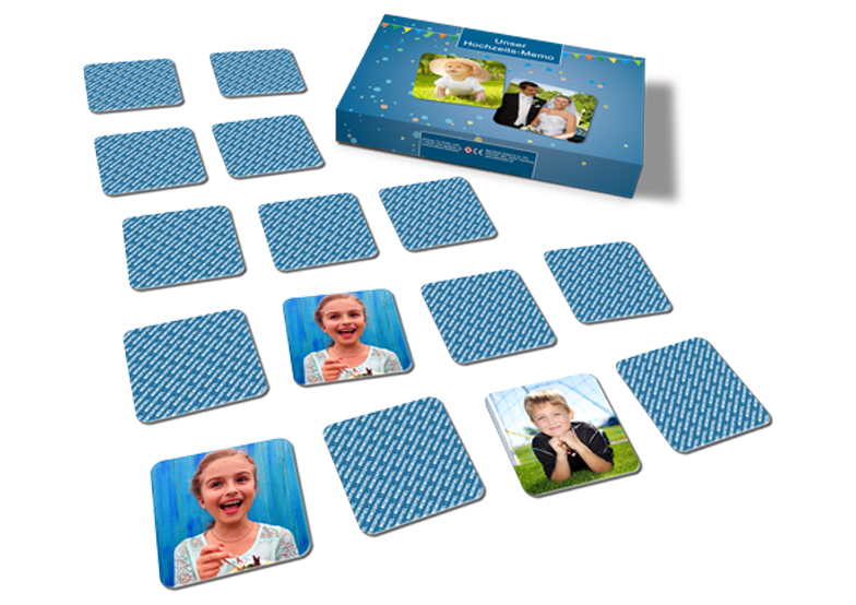 Memo-Spiel selbst gestalten und drucken mit eigenen Bildern. Karten von mit individuellen Bildern mit Verpackung auf weißem Hintergrund.