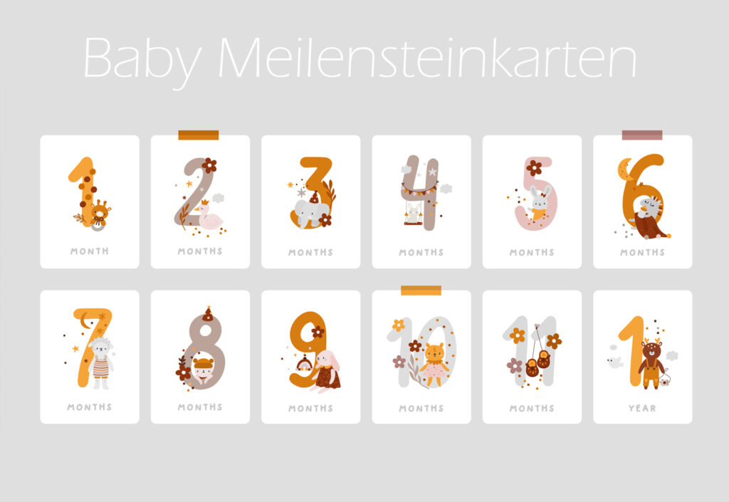 Abbildung mit den Zahlen 1-11 für die ersten Monate eines Babys. Bei Fotos werden diese Karten neben das Baby gelegt