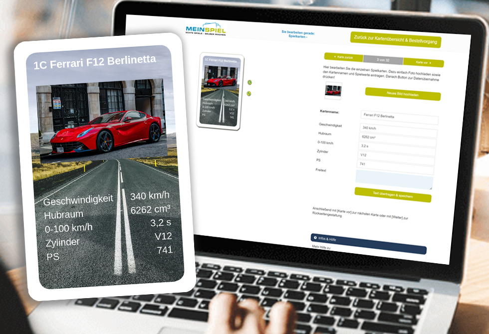 Im MeinSpiel Konfigurator eigenes Auto-Quartett selbst gestalten und drucken. Ein Mann bearbeitet eine Karte von seinem Auto-Quartett im Konfigurator.