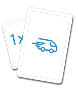Zwei weiße Karten zeigen einen blauen Lieferwagen und die andere die Aufschrift 1x, um die schnelle Lieferung ab Auflage 1 zu symbolisieren