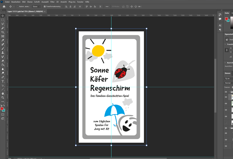 Die Ansicht zeigt eine selbst gestaltete Spielkarte im Programm Photoshop von dem Spiel 'Sonne, Käfer, Regenschirm'