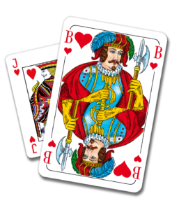 Zwei Poker-Karten zeigen das Französische und das Internationale Blatt eines Herz Buben.